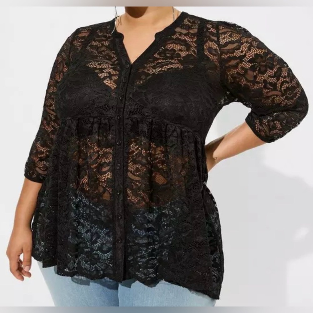#x1801  Torrid Babydoll Sheer Lace Button Down Tunic 3/4 Sleeve Hi-Lo Silhouette